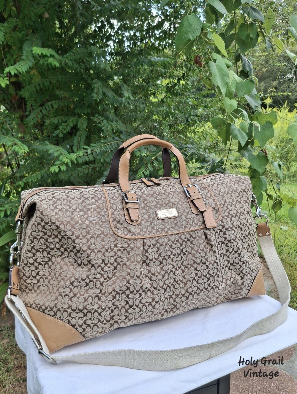 VTG Coach Voyage Signature C Canvas & Leather XL Duffle Bag Weekender #F77154